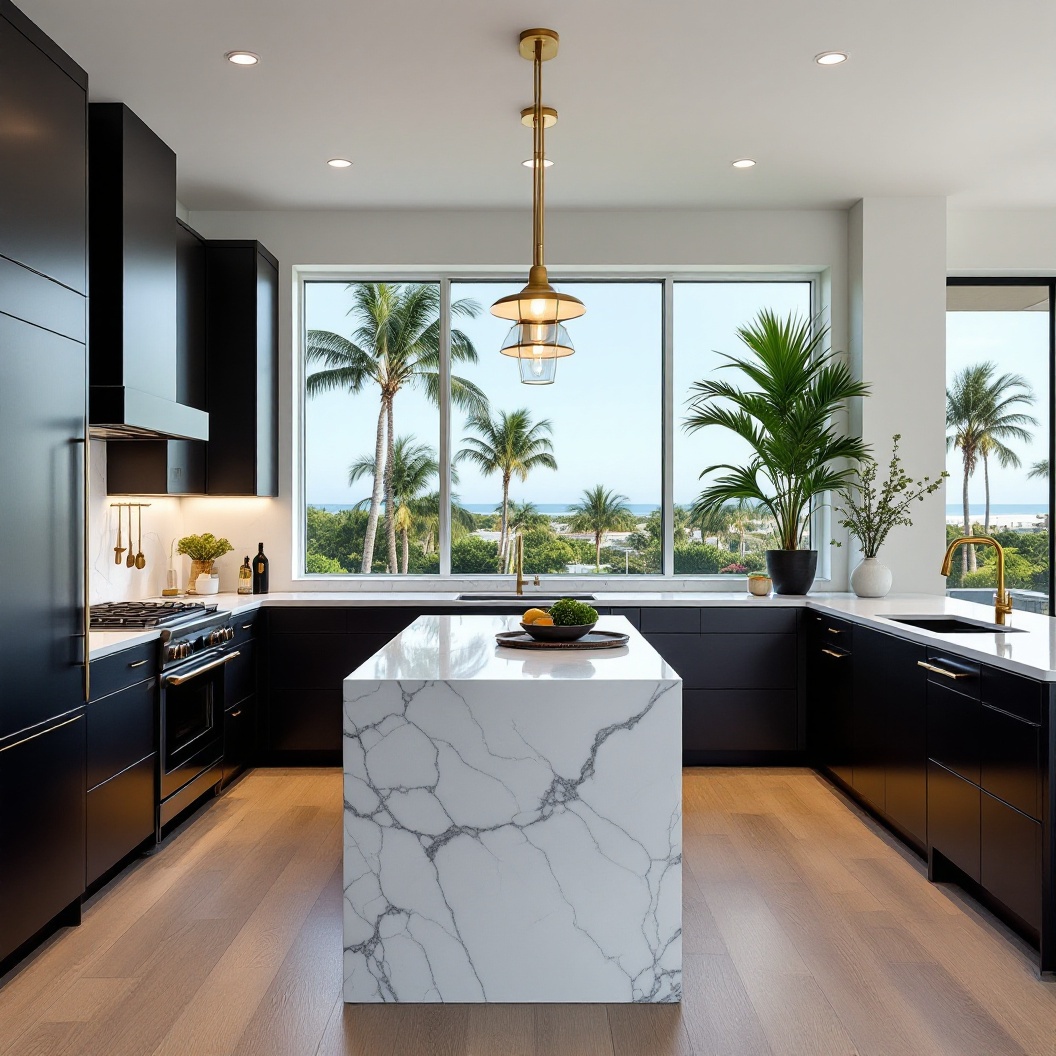 Warm modern kitchen with island seating